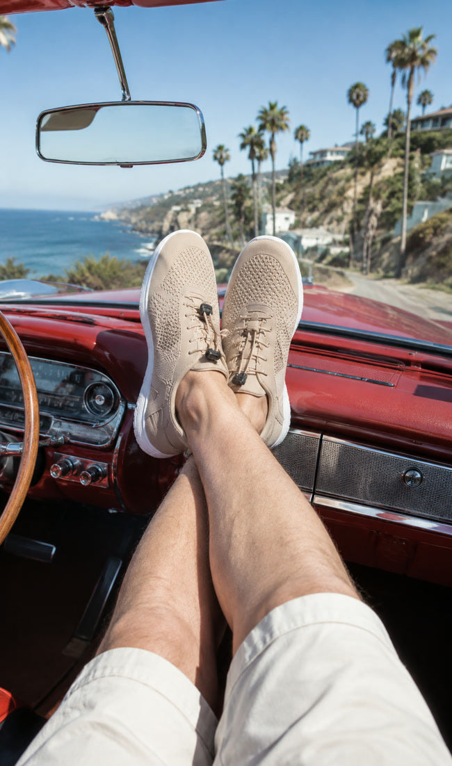 Prime Desert Sand shoes on a California road trip