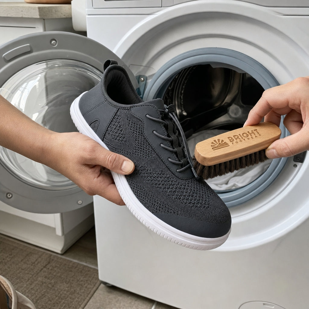 Brushing loose dirt from a barefoot shoe before washing