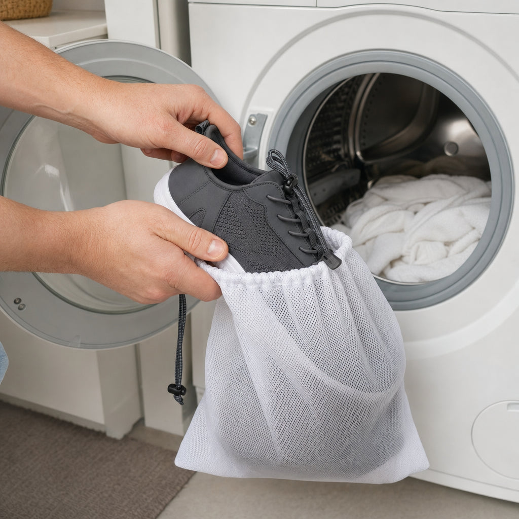 Barefoot shoes placed in a protective mesh laundry bag